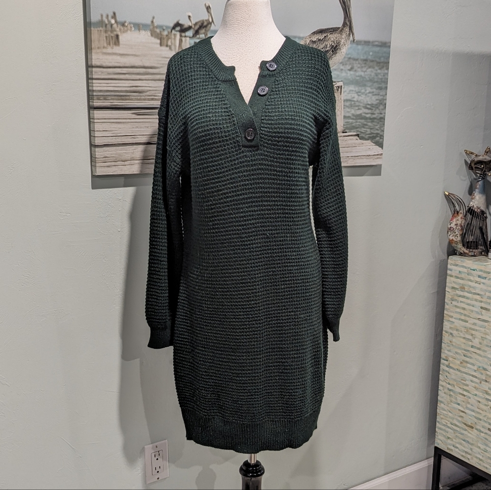 Dark Green Waffle Weave Sweater Dress